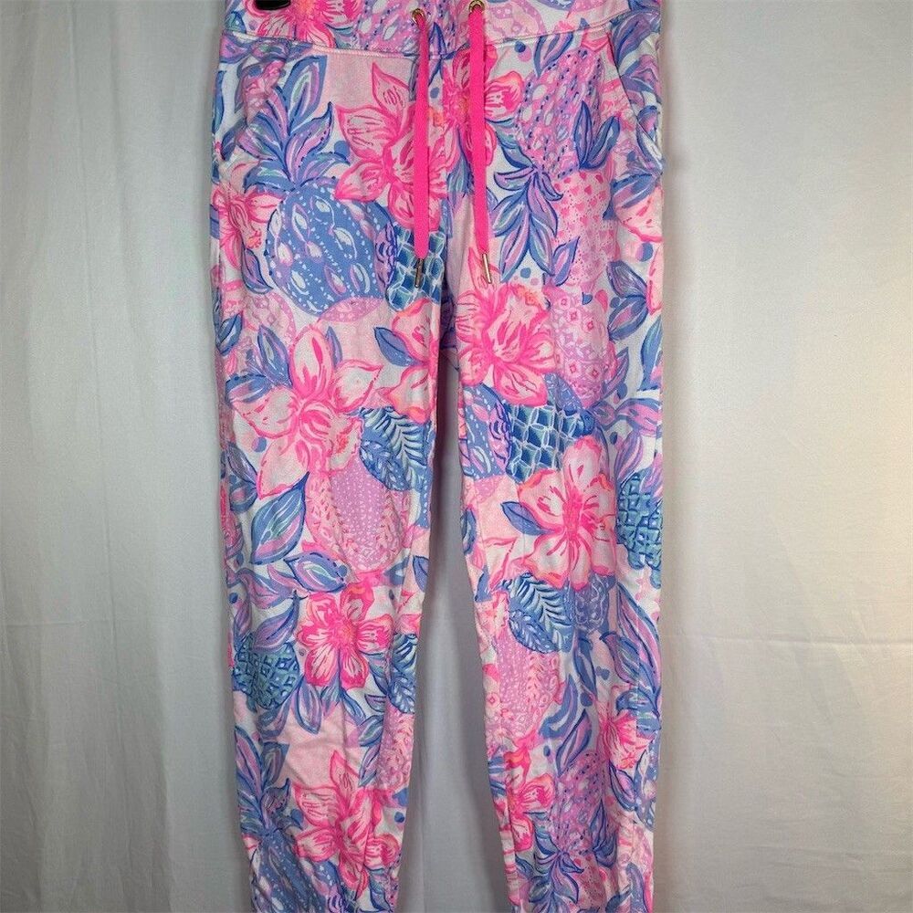 Lilly Pulitzer Luxletic Jogger Pants Womens XS Pink Blue Tropical Floral